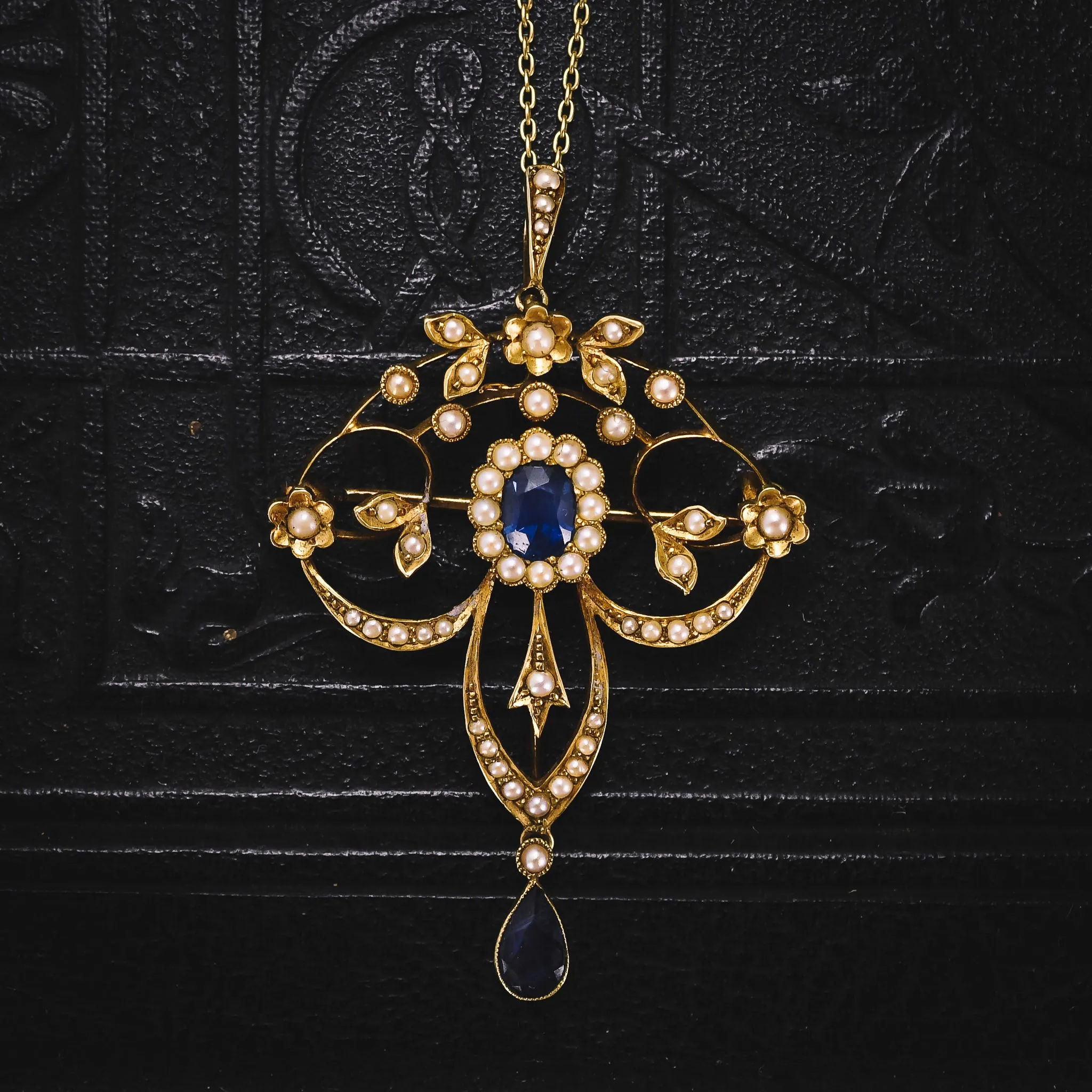 Victorian Sapphire & Pearl Lavaliere Pendant