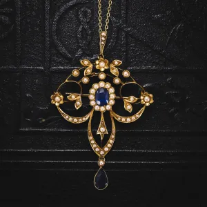 Victorian Sapphire & Pearl Lavaliere Pendant