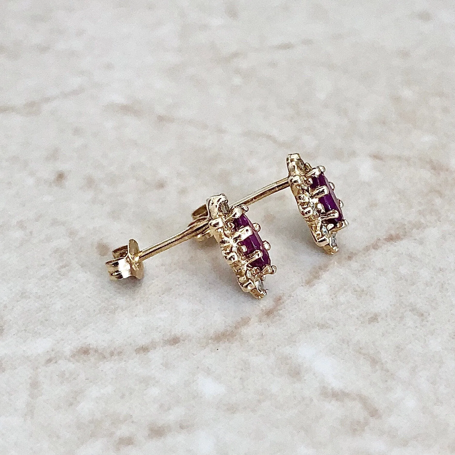 Vintage 14 Karat Yellow Gold Natural Ruby & Diamond Halo Stud Earrings