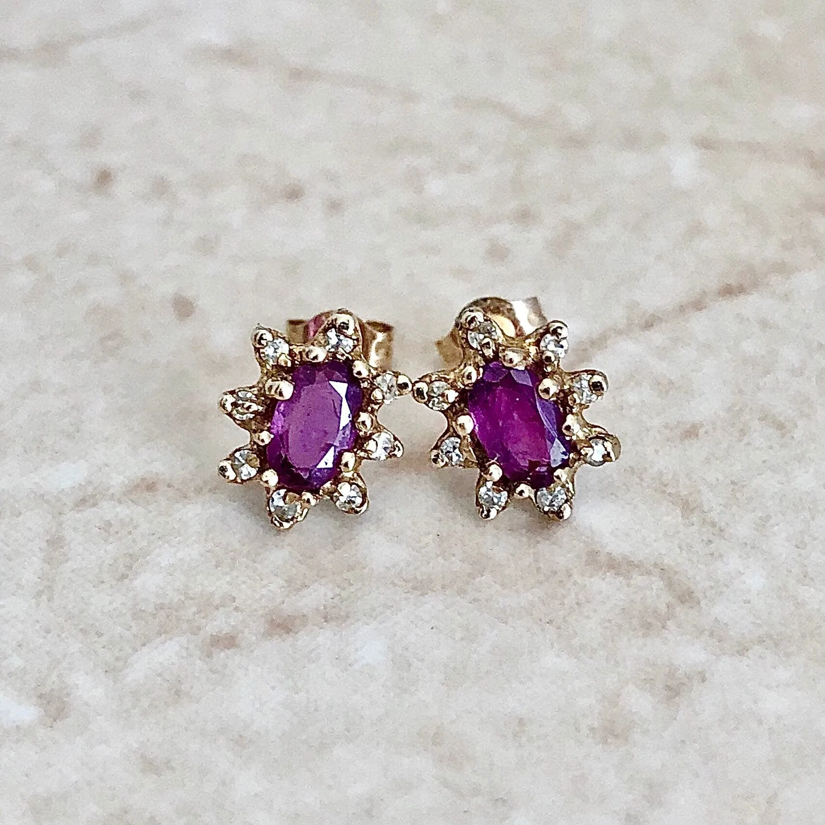 Vintage 14 Karat Yellow Gold Natural Ruby & Diamond Halo Stud Earrings