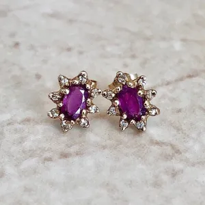 Vintage 14 Karat Yellow Gold Natural Ruby & Diamond Halo Stud Earrings