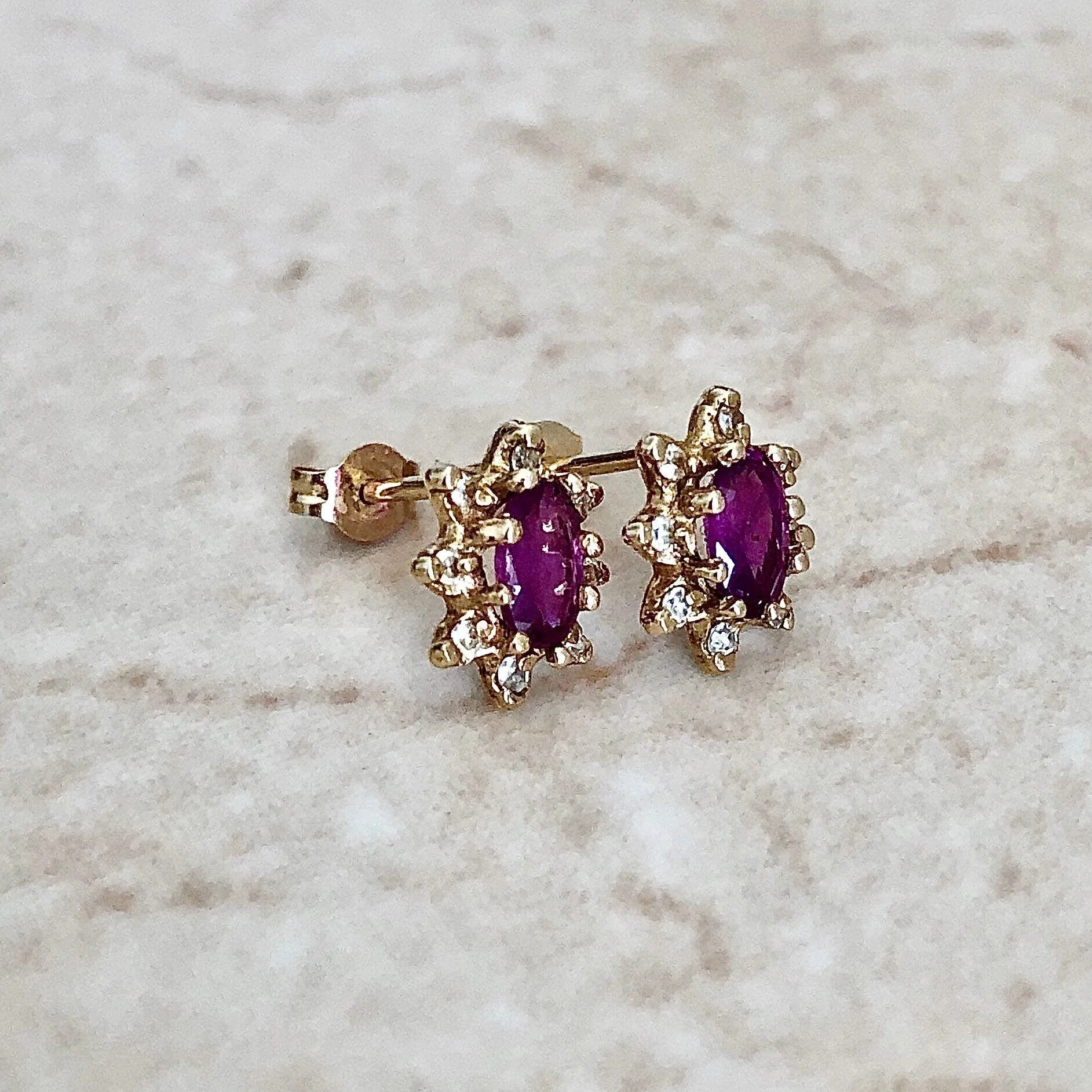 Vintage 14 Karat Yellow Gold Natural Ruby & Diamond Halo Stud Earrings