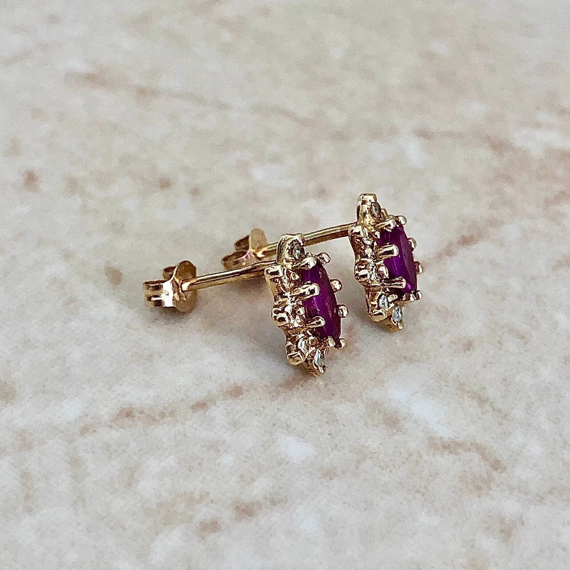 Vintage 14 Karat Yellow Gold Natural Ruby & Diamond Halo Stud Earrings