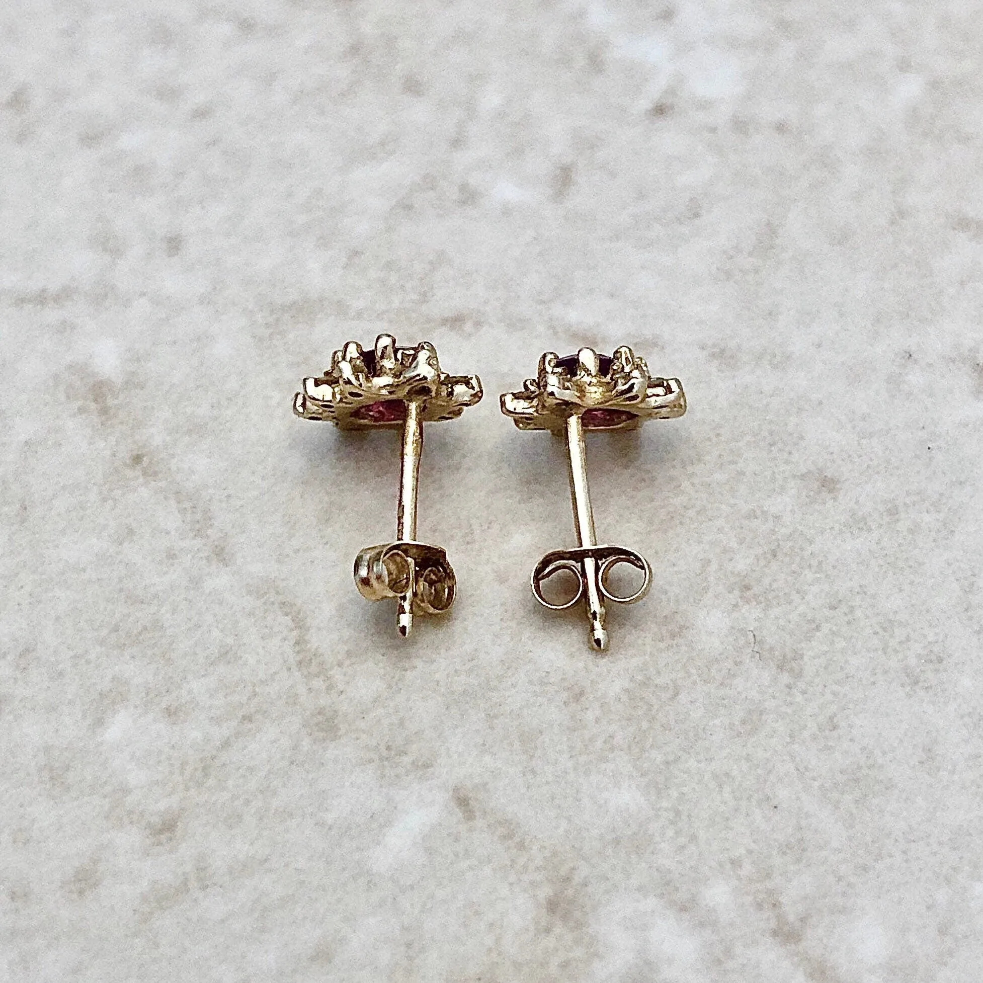 Vintage 14 Karat Yellow Gold Natural Ruby & Diamond Halo Stud Earrings