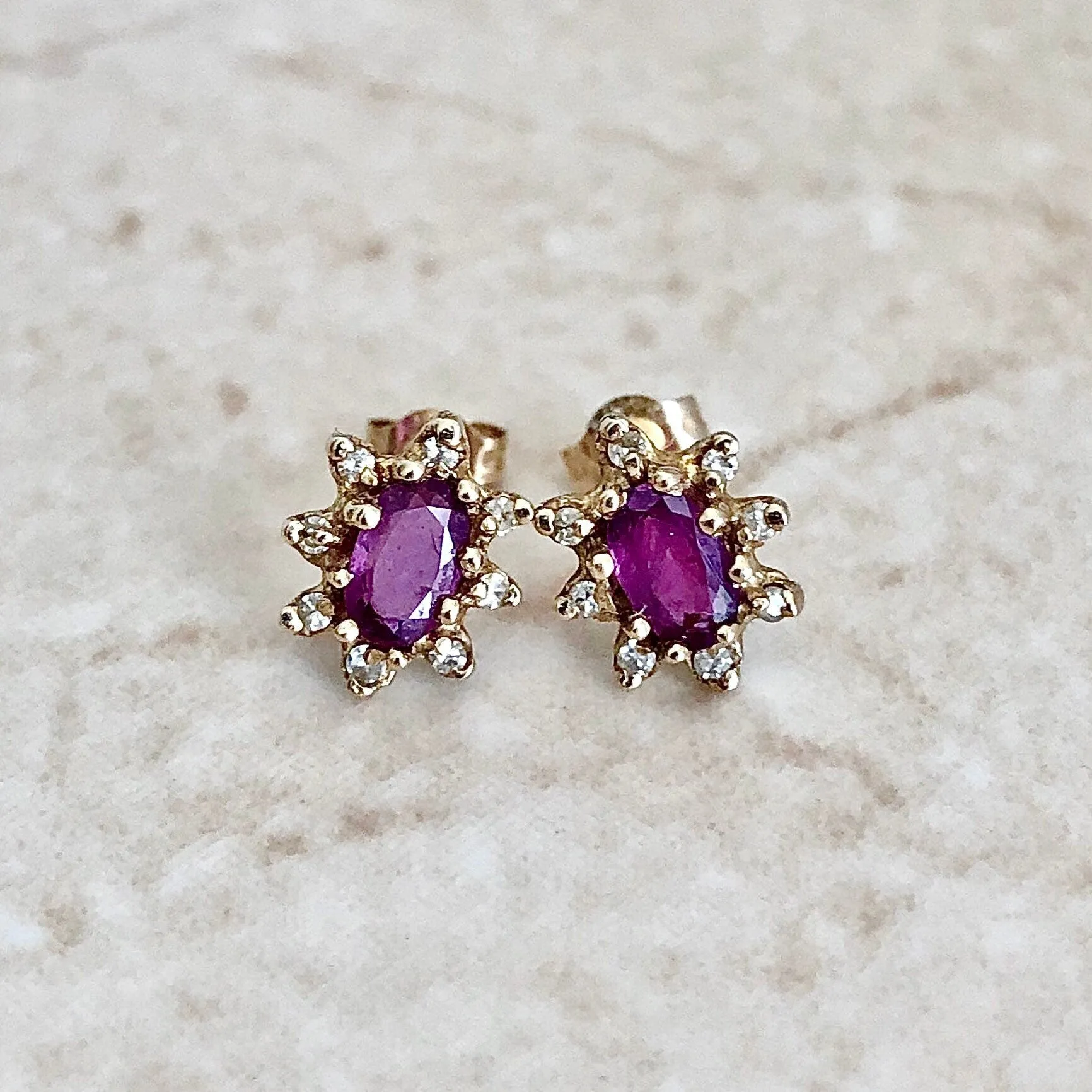 Vintage 14 Karat Yellow Gold Natural Ruby & Diamond Halo Stud Earrings