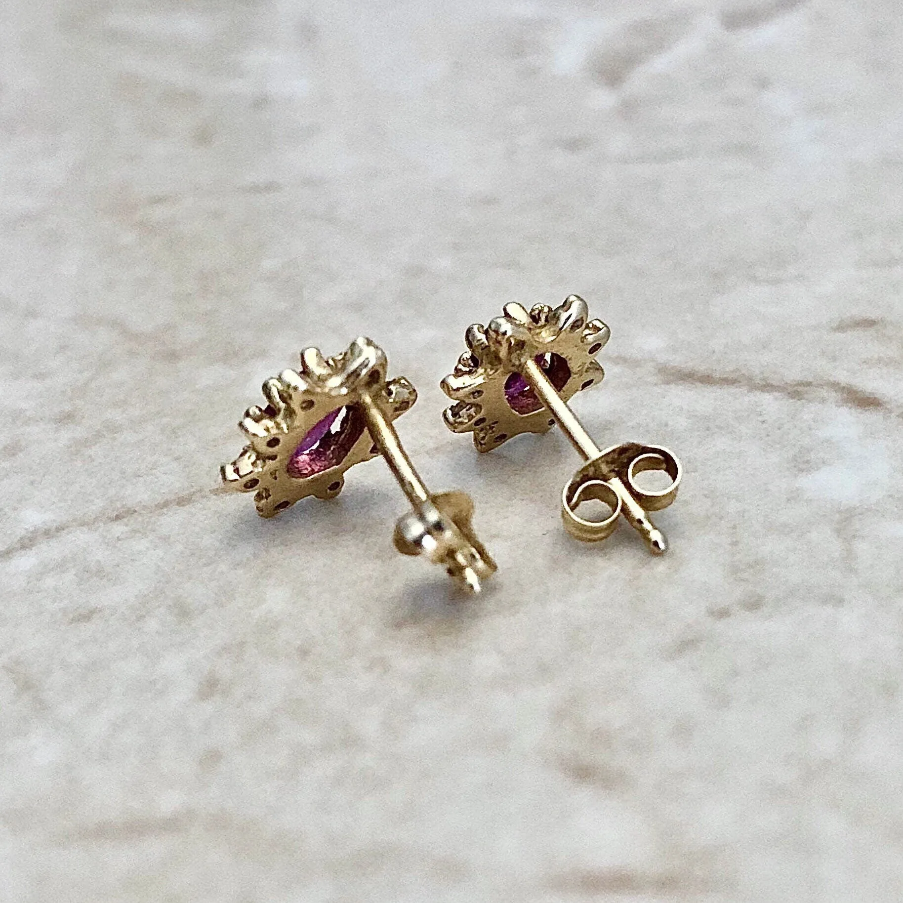 Vintage 14 Karat Yellow Gold Natural Ruby & Diamond Halo Stud Earrings