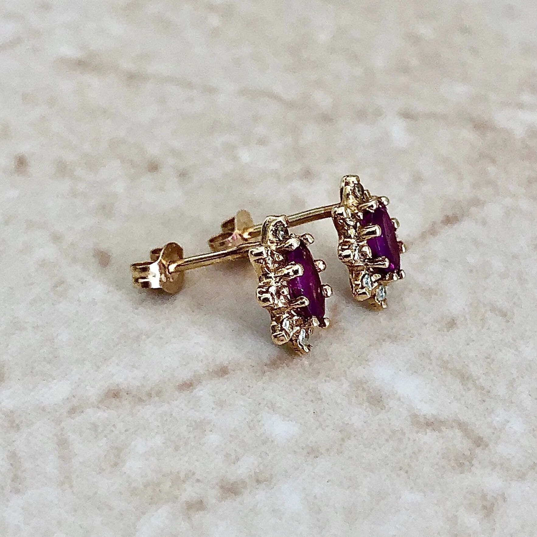 Vintage 14 Karat Yellow Gold Natural Ruby & Diamond Halo Stud Earrings