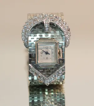 Vintage Heavy 1940's 14K White Gold & White Sapphire Ciro Belt Buckle Watch 5ctw