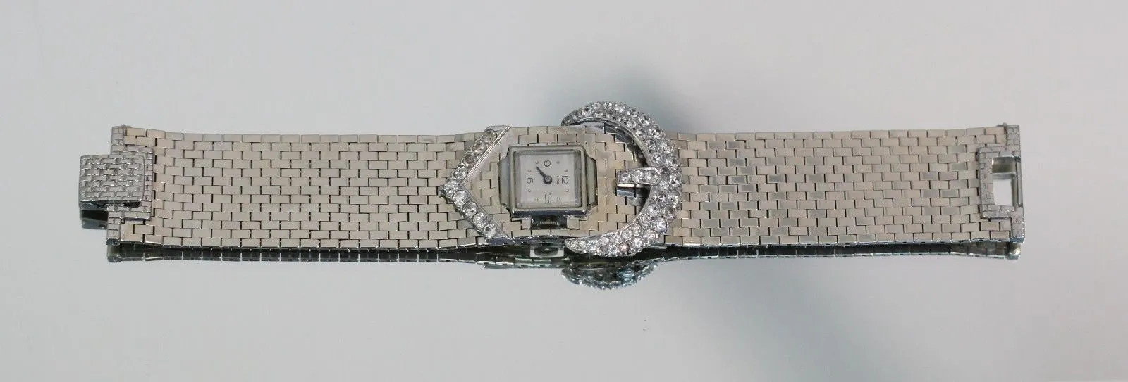Vintage Heavy 1940's 14K White Gold & White Sapphire Ciro Belt Buckle Watch 5ctw