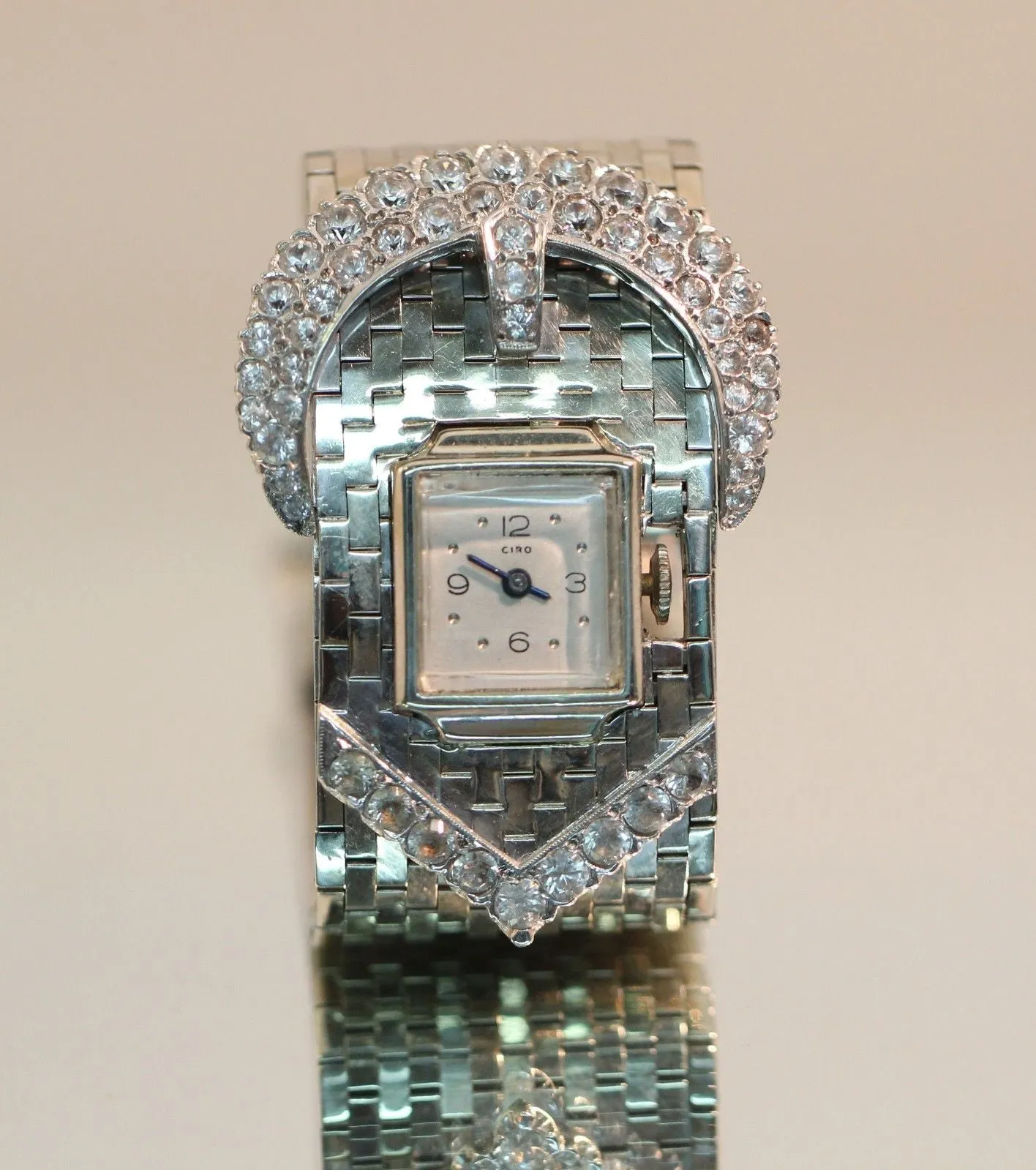 Vintage Heavy 1940's 14K White Gold & White Sapphire Ciro Belt Buckle Watch 5ctw