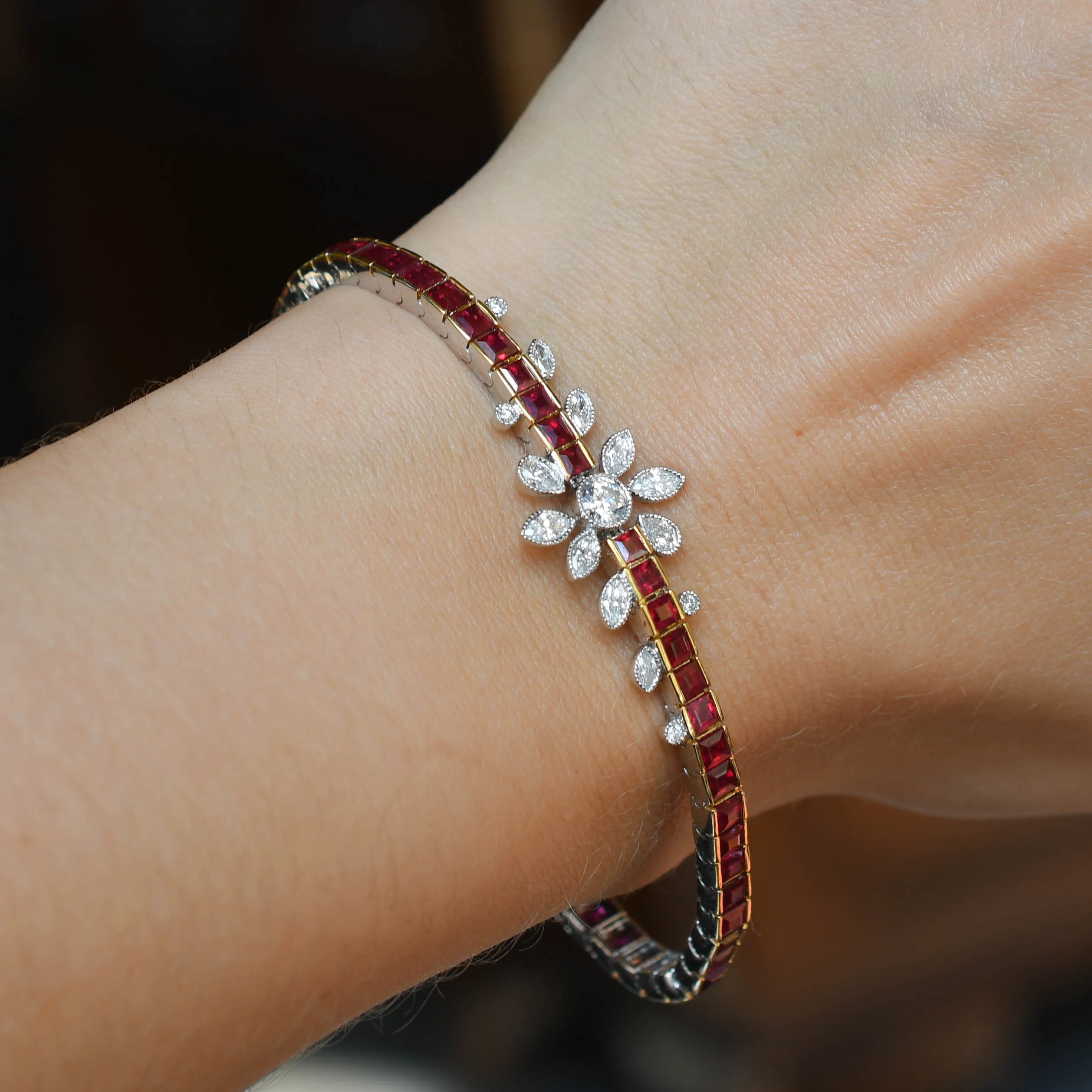 Vintage Ruby & Diamond Flower Line Bracelet