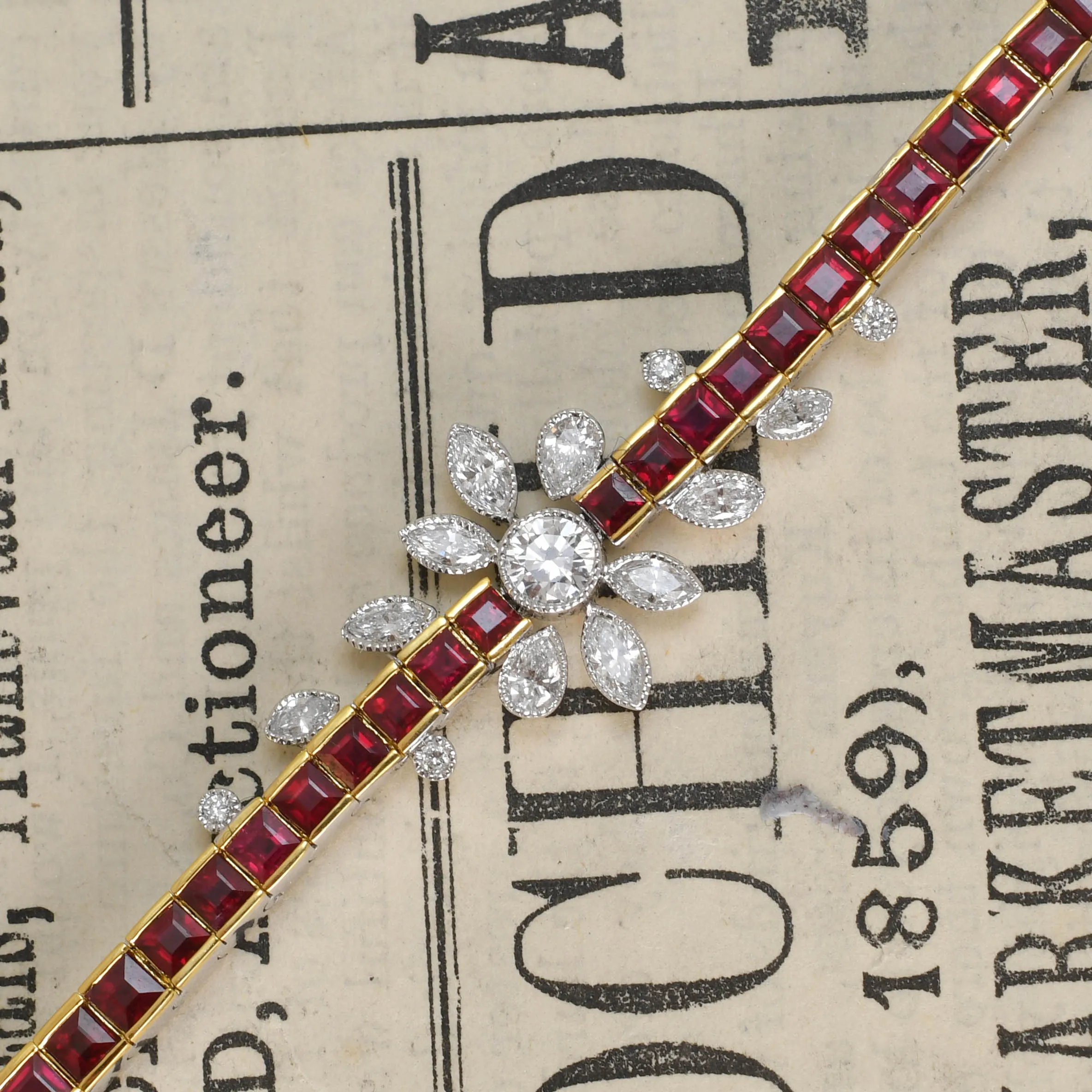 Vintage Ruby & Diamond Flower Line Bracelet
