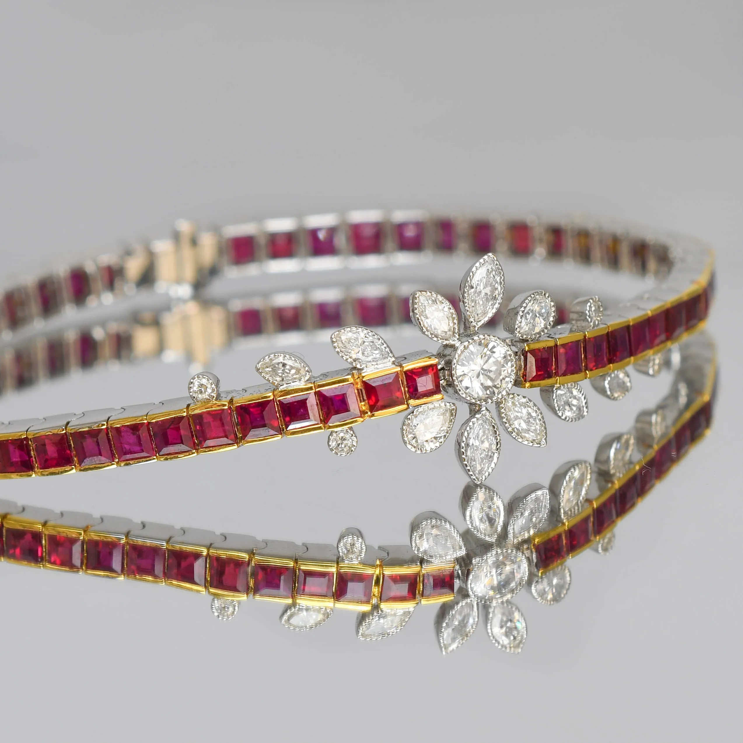 Vintage Ruby & Diamond Flower Line Bracelet