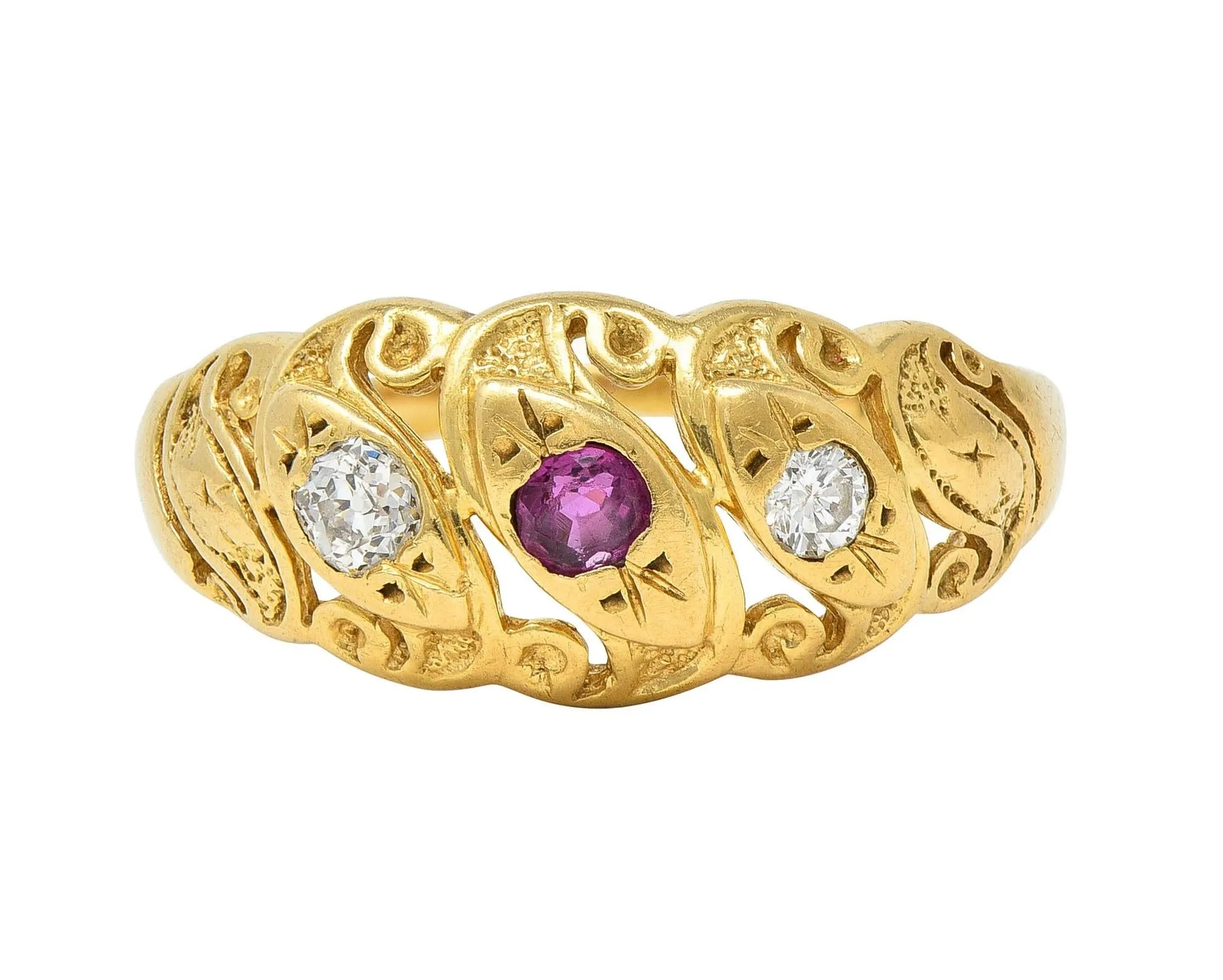 Vintage Ruby Diamond 14 Karat Yellow Gold Triple Snake Band Ring