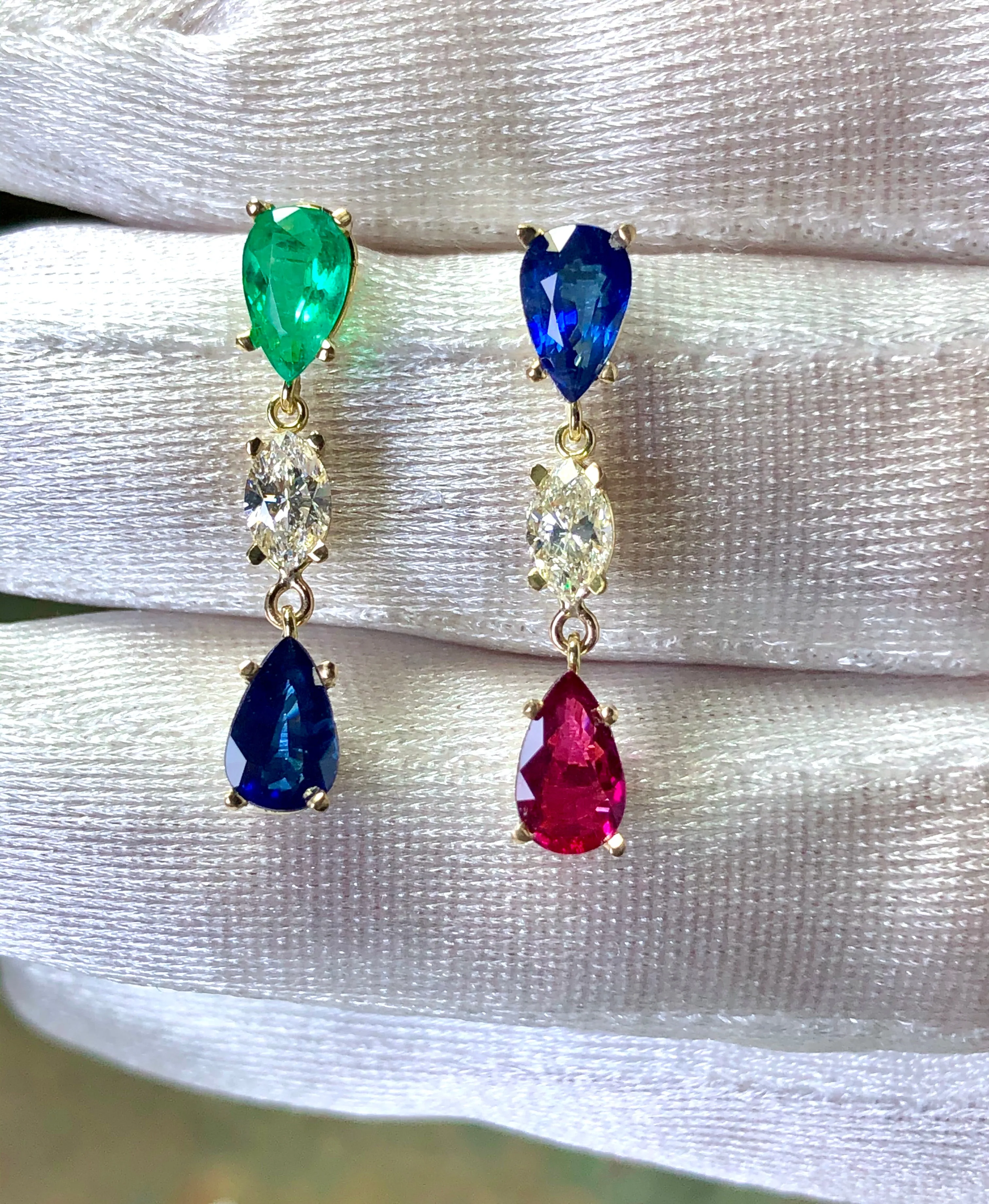 Vivid Natural Sapphire, Emerald, Ruby, Diamond Drop Earrings 18K