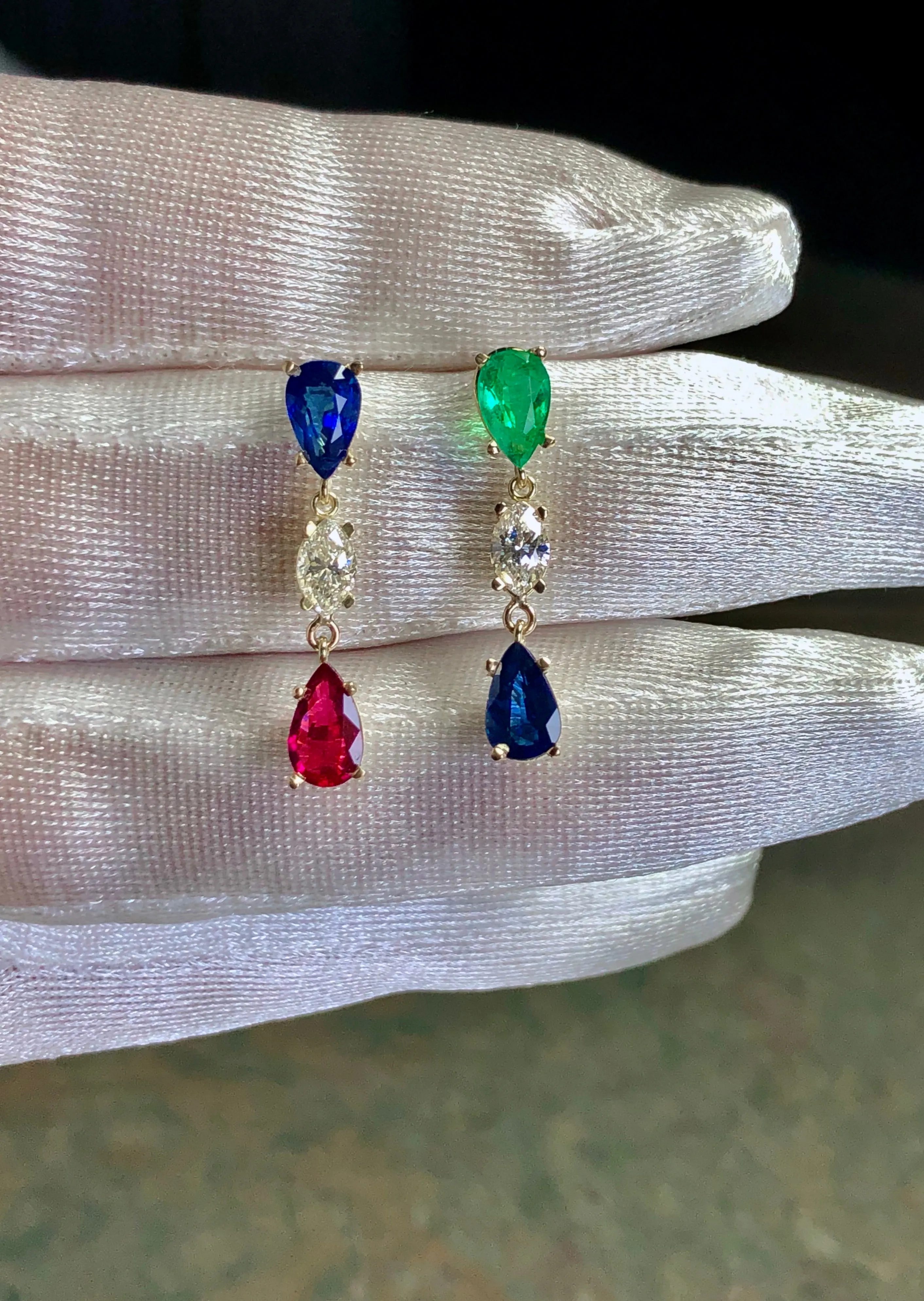 Vivid Natural Sapphire, Emerald, Ruby, Diamond Drop Earrings 18K