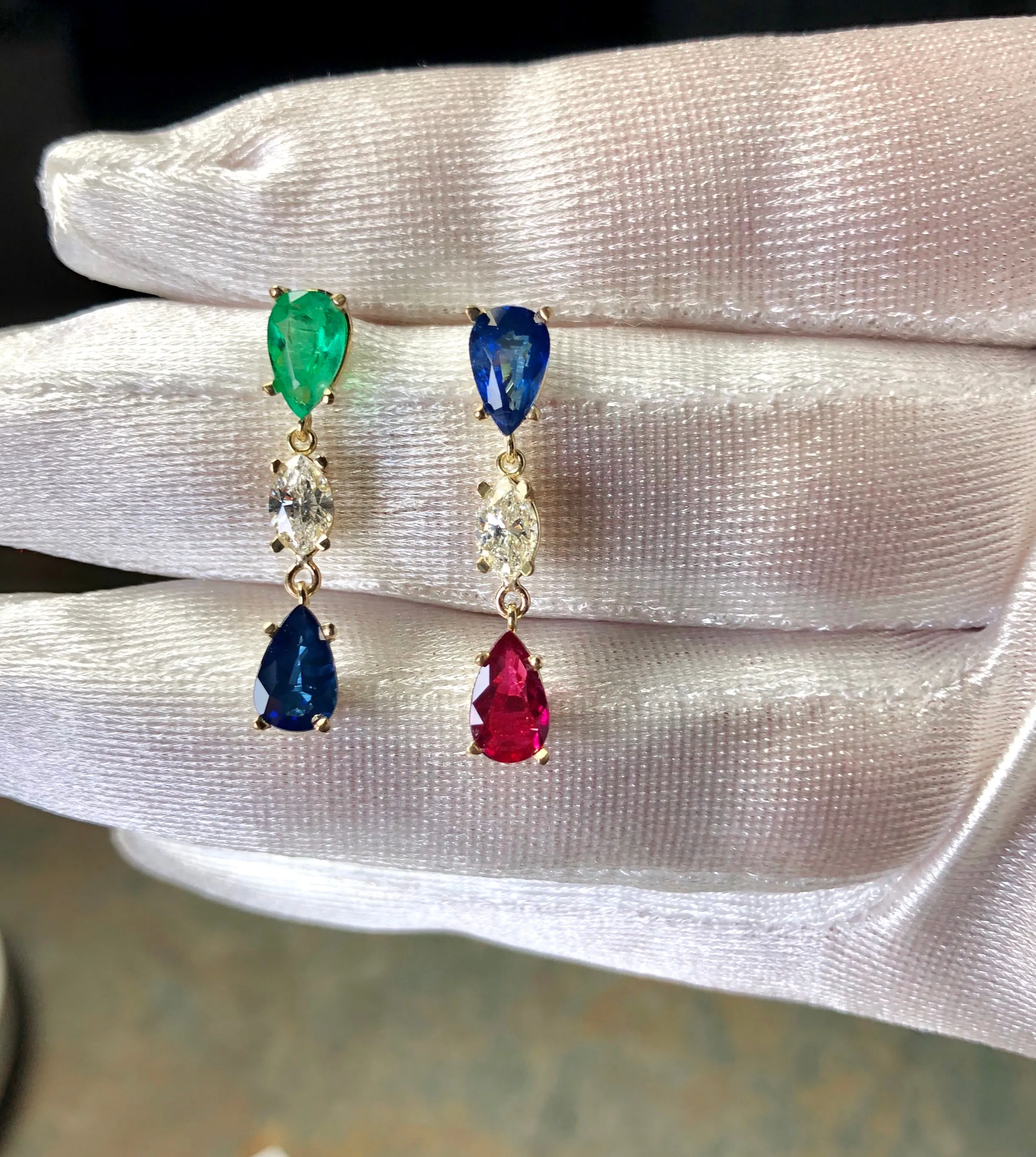 Vivid Natural Sapphire, Emerald, Ruby, Diamond Drop Earrings 18K