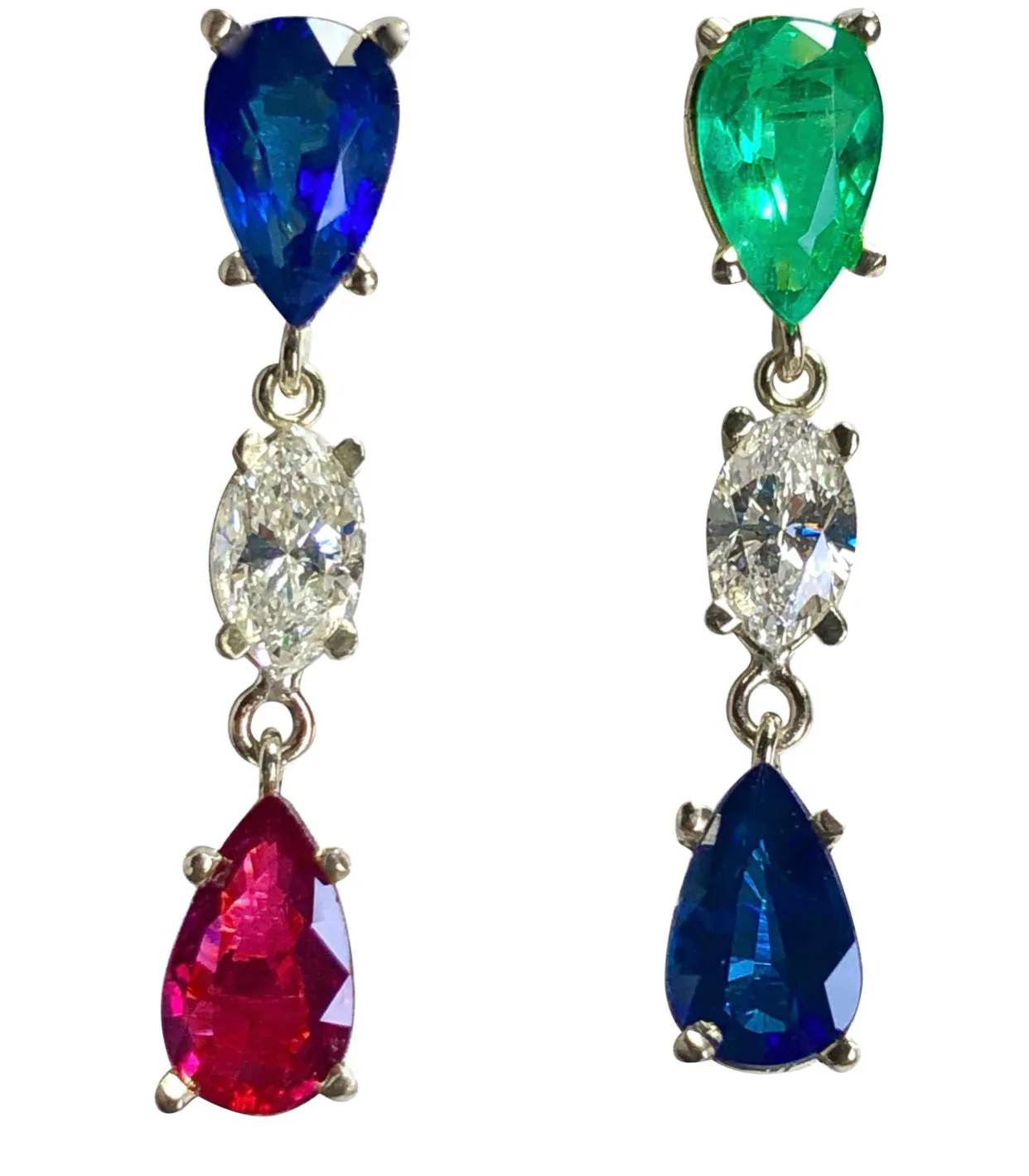 Vivid Natural Sapphire, Emerald, Ruby, Diamond Drop Earrings 18K