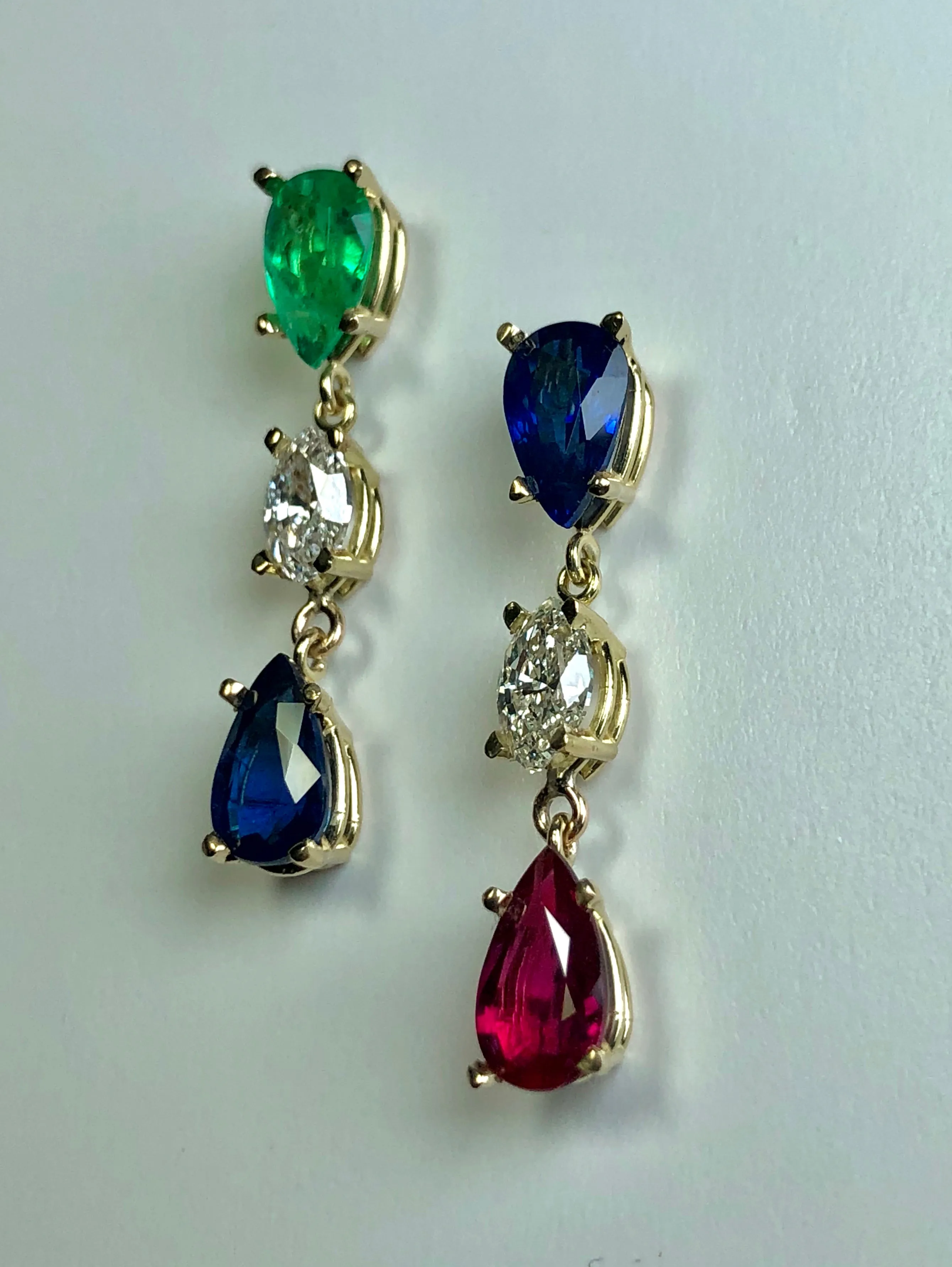 Vivid Natural Sapphire, Emerald, Ruby, Diamond Drop Earrings 18K