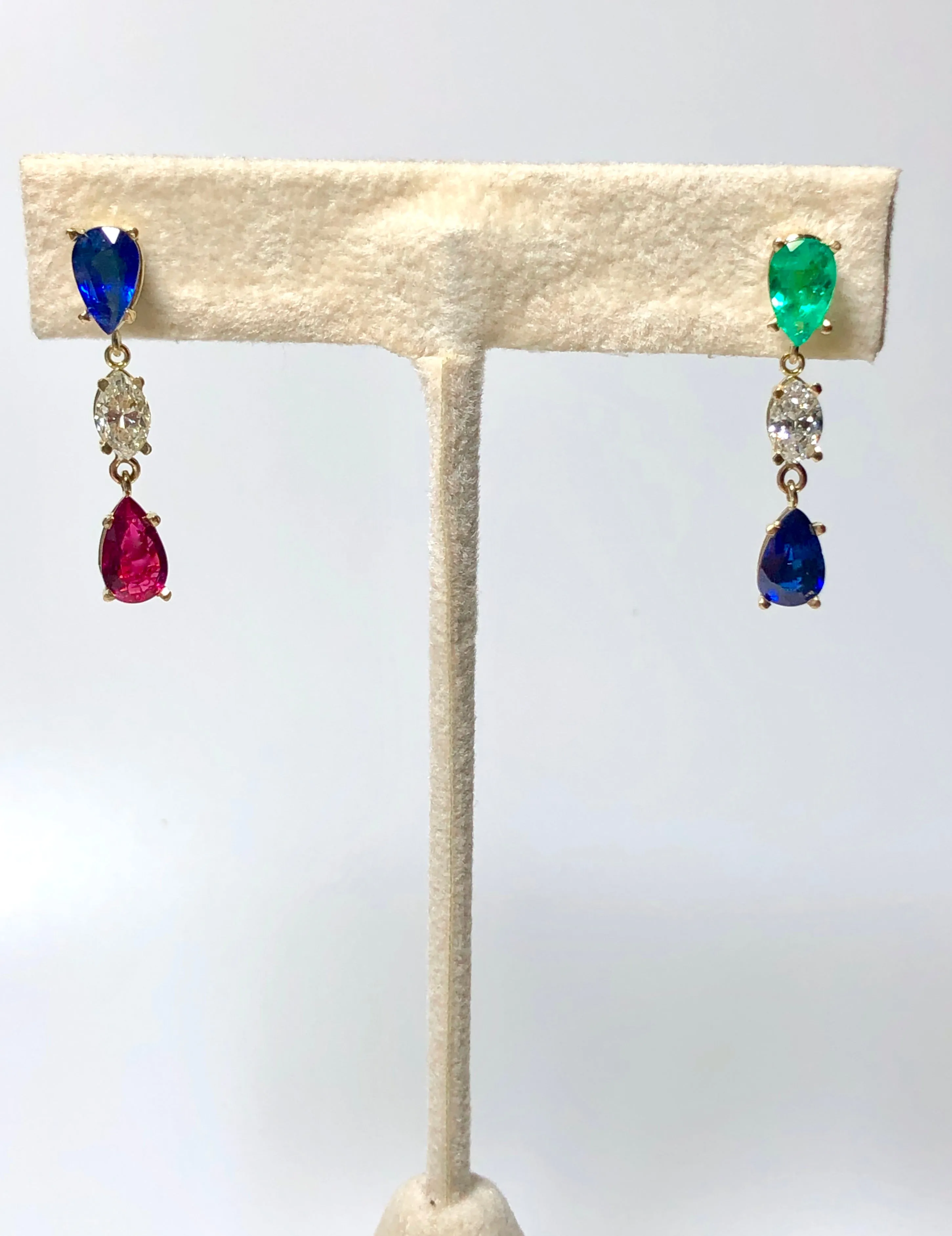 Vivid Natural Sapphire, Emerald, Ruby, Diamond Drop Earrings 18K