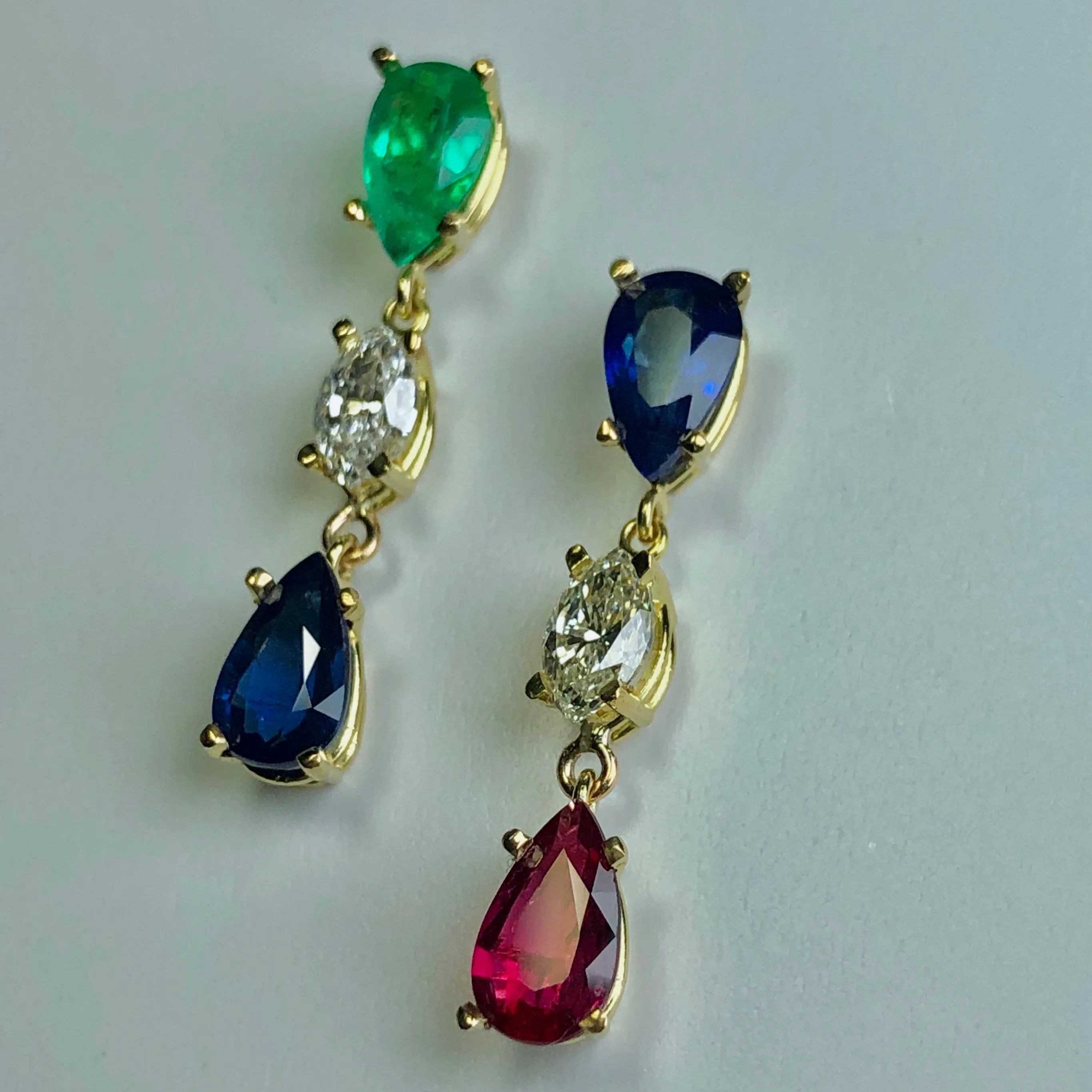 Vivid Natural Sapphire, Emerald, Ruby, Diamond Drop Earrings 18K