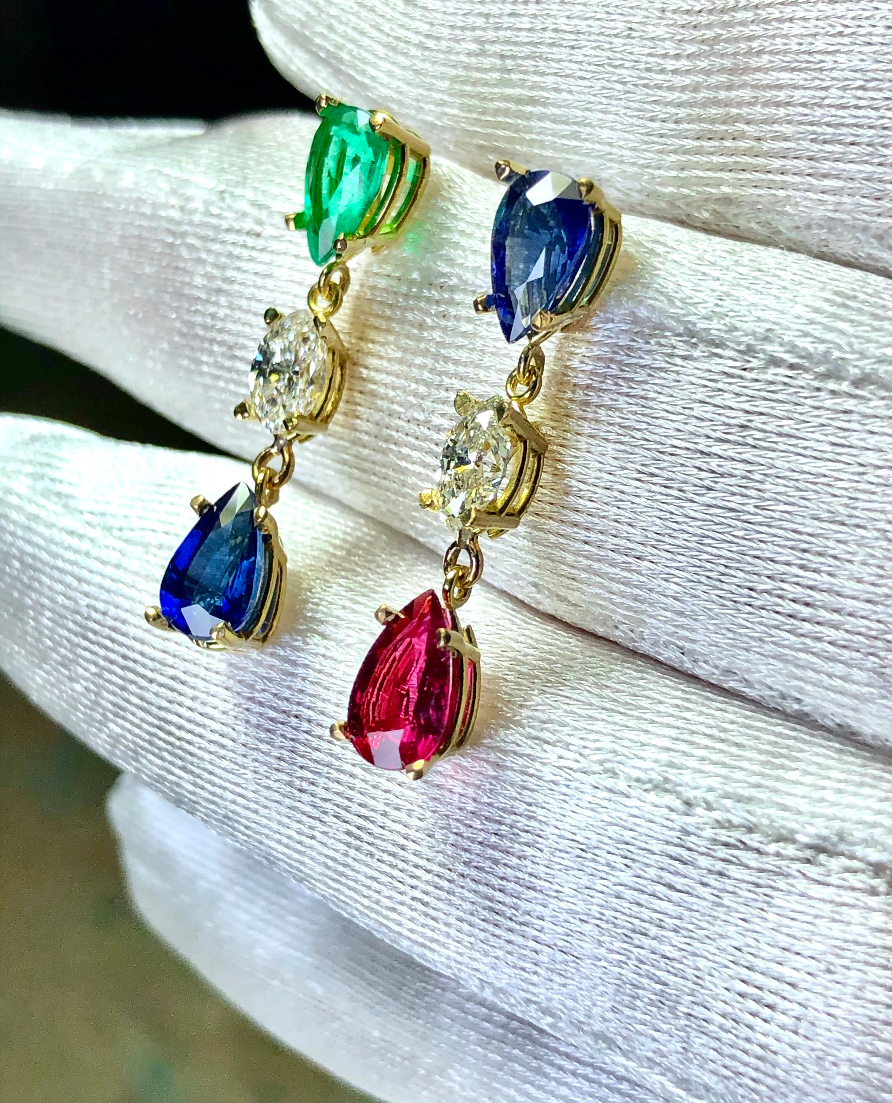 Vivid Natural Sapphire, Emerald, Ruby, Diamond Drop Earrings 18K