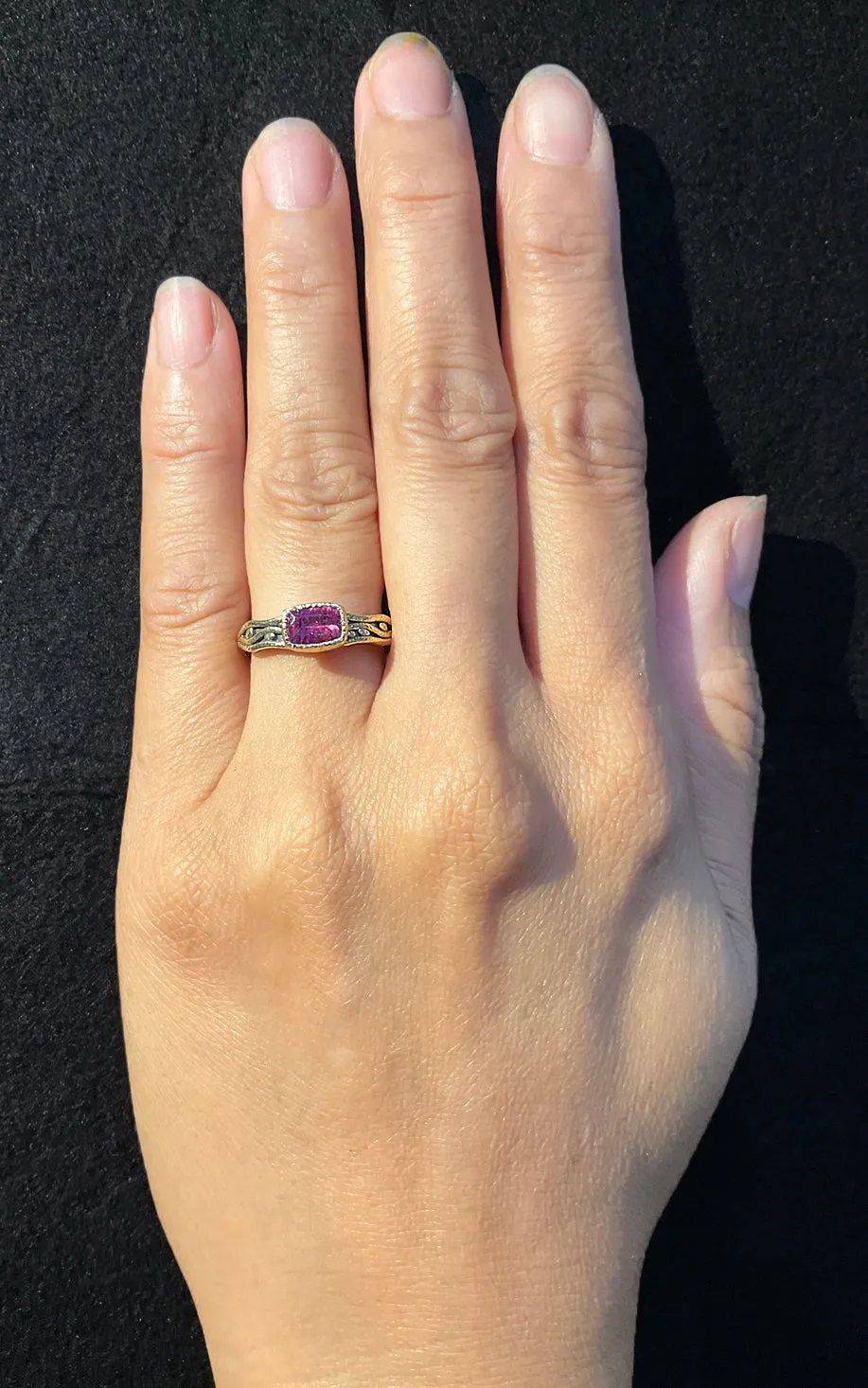 Wavy Watery ring with cushion cut pink tourmaline