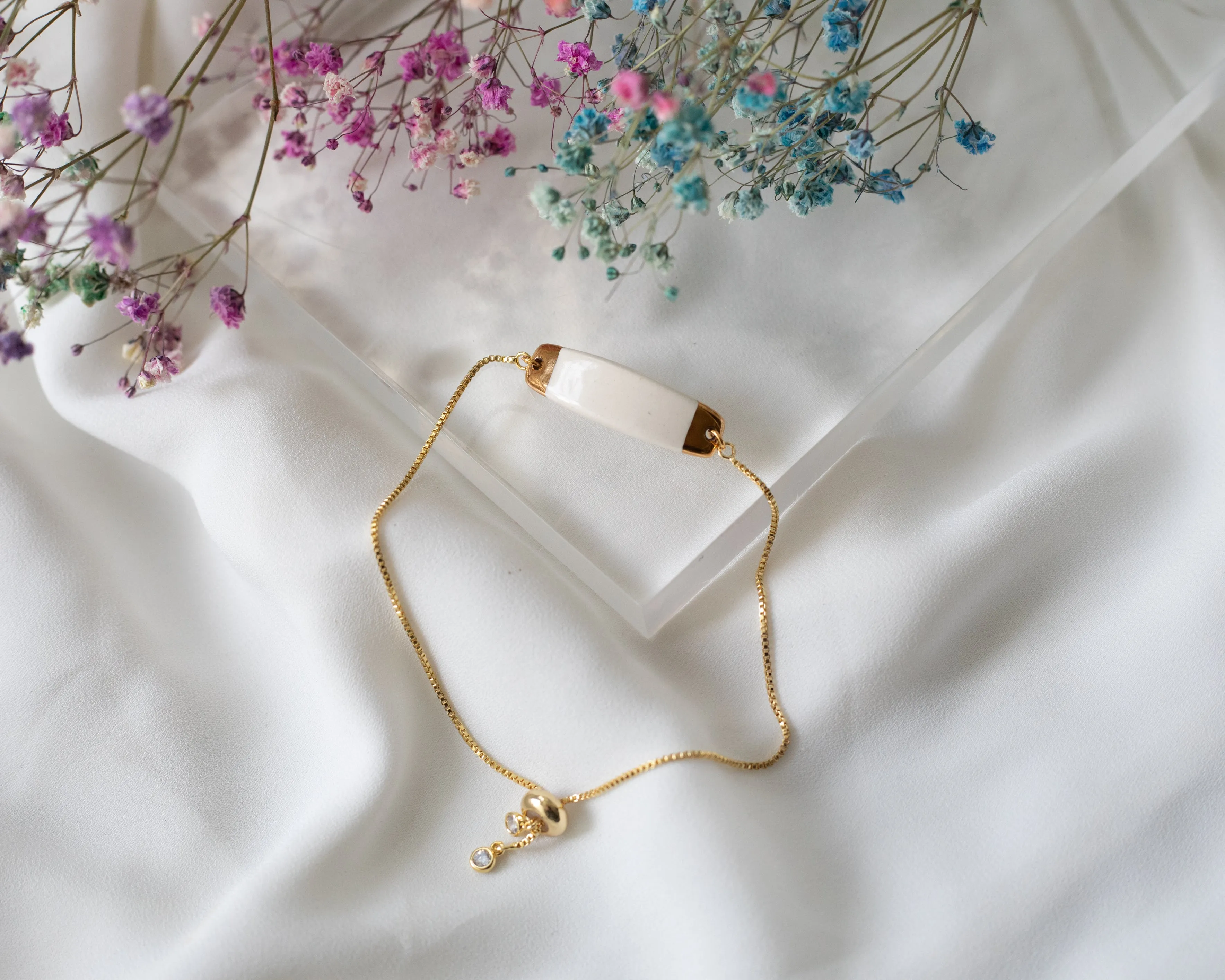 White and Gold Adjustable Porcelain Bracelet