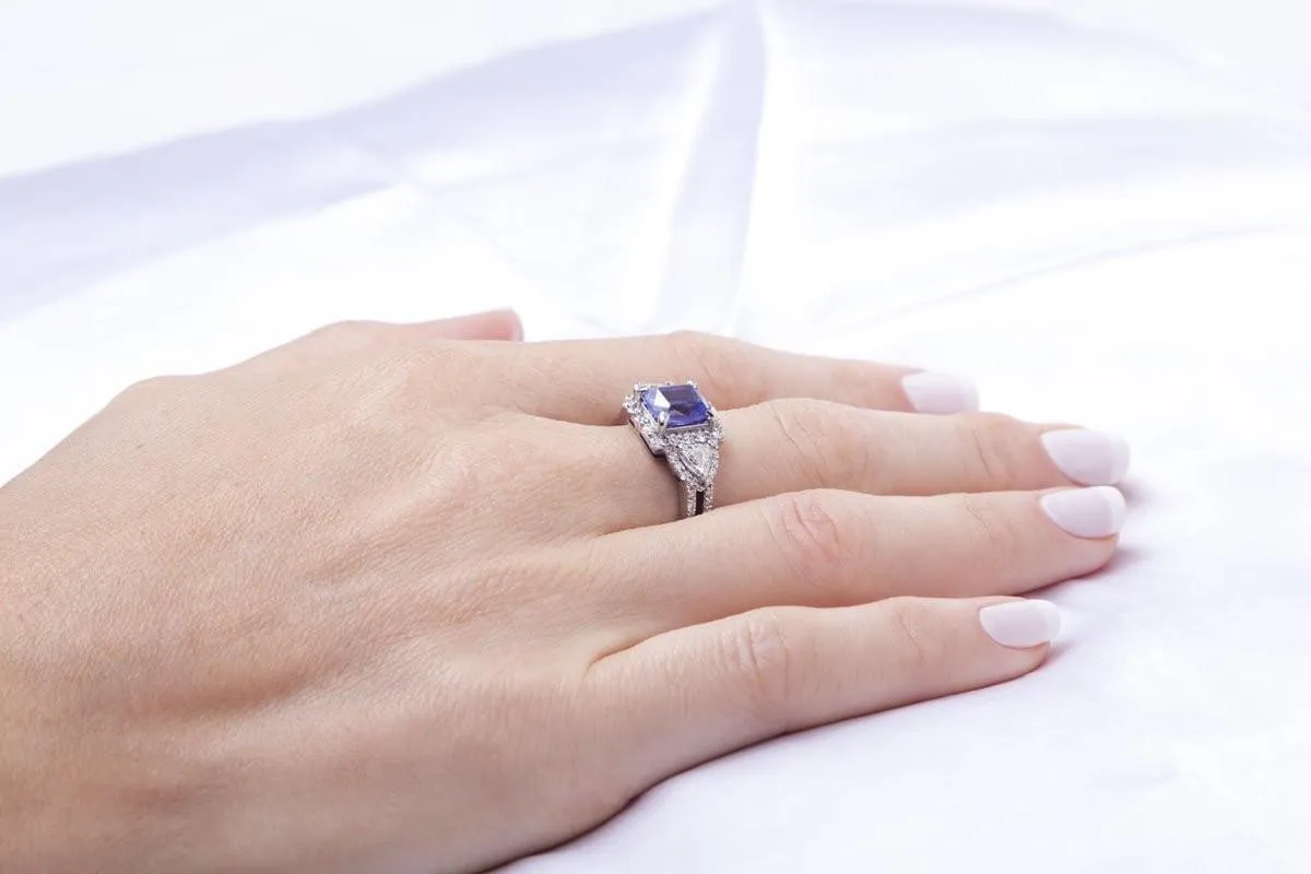 White Gold Diamond and Cushion Tanzanite Ring