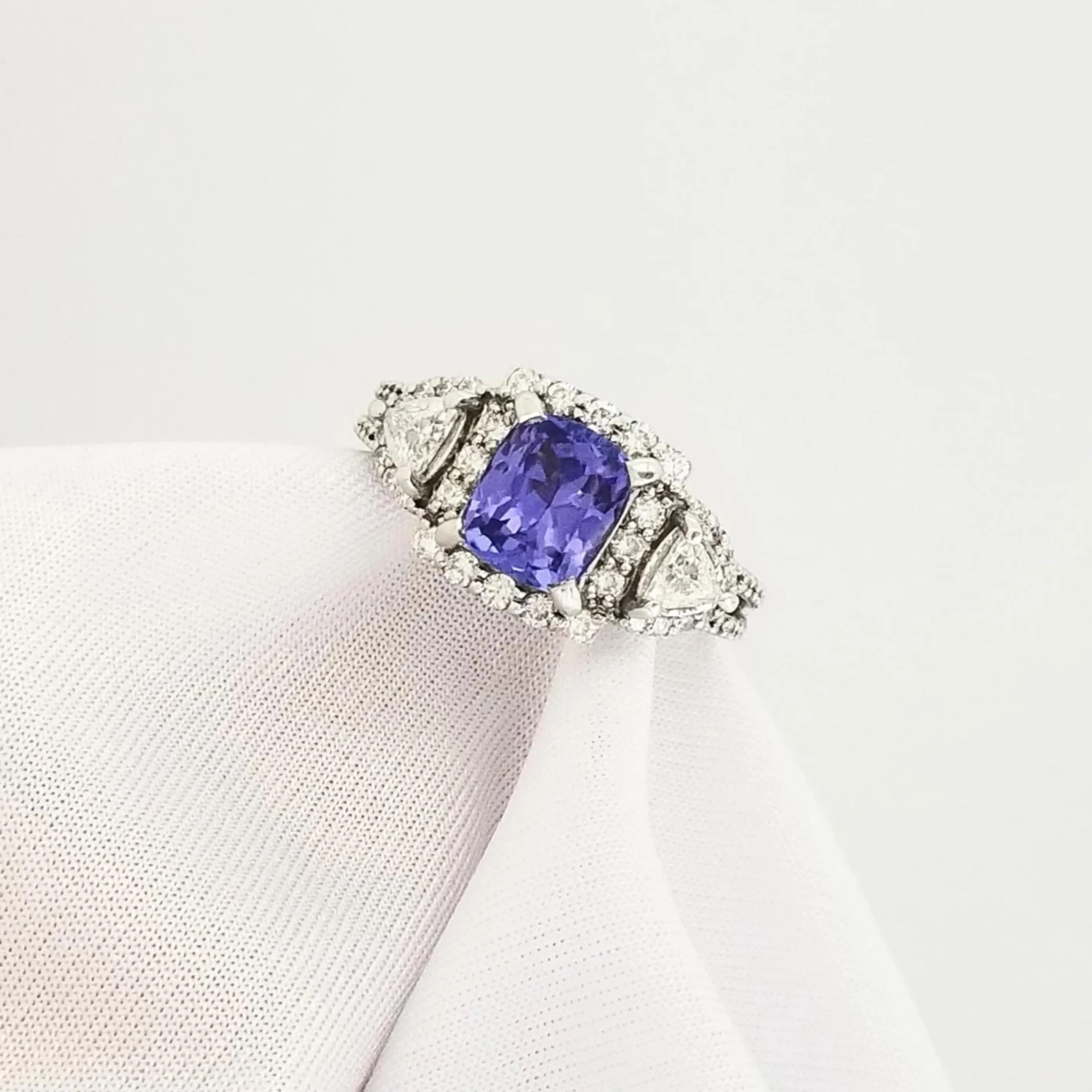 White Gold Diamond and Cushion Tanzanite Ring