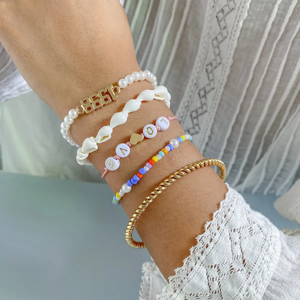 White Pearl & Shell 18K Gold-Plated 'Love' Bracelet Set