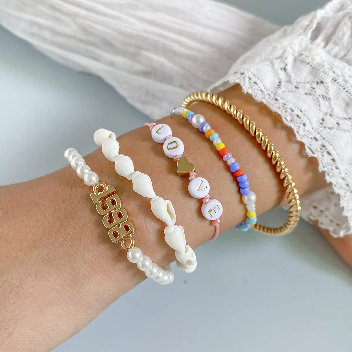 White Pearl & Shell 18K Gold-Plated 'Love' Bracelet Set
