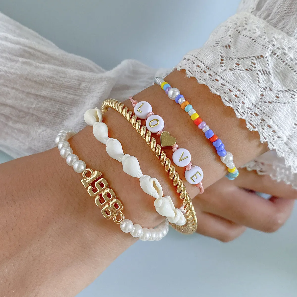 White Pearl & Shell 18K Gold-Plated 'Love' Bracelet Set