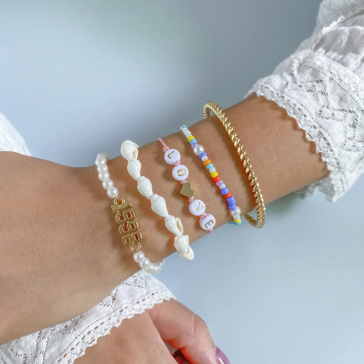 White Pearl & Shell 18K Gold-Plated 'Love' Bracelet Set