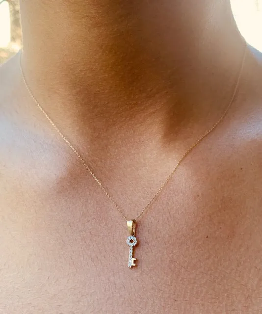 White Sapphire and 14k Gold Key of life Necklace