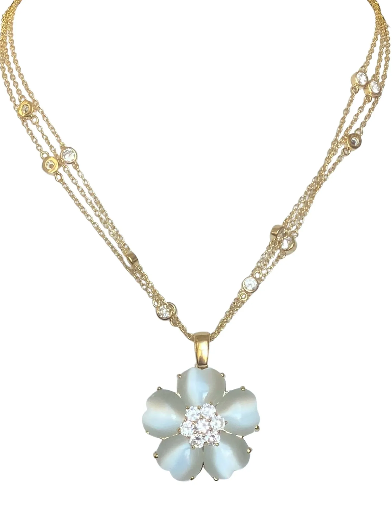 Zirconite Cubic Zirconia w/Cat's Eye Heart Flower Necklace. 626P20011