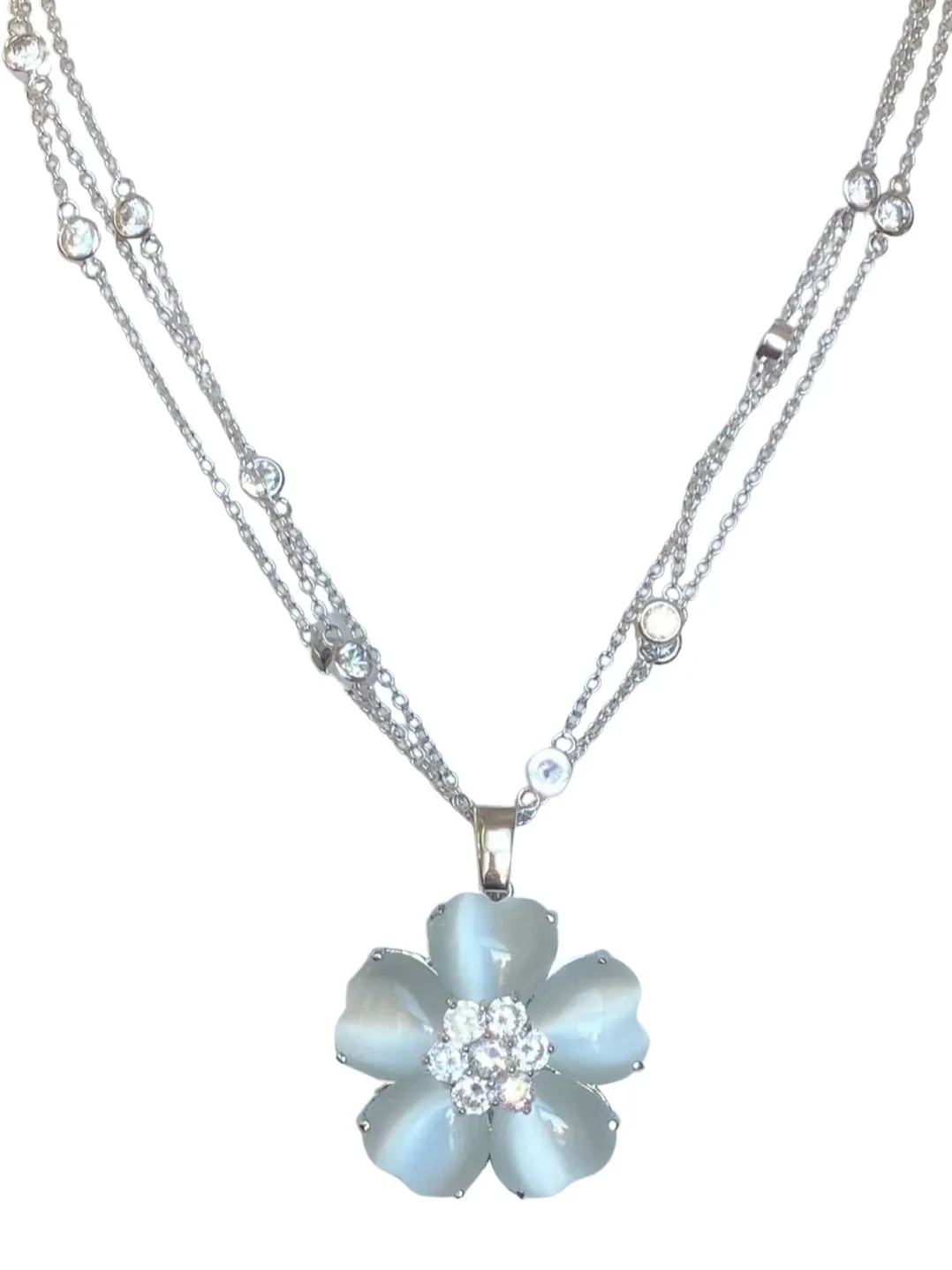 Zirconite Cubic Zirconia w/Cat's Eye Heart Flower Necklace. 626P20011