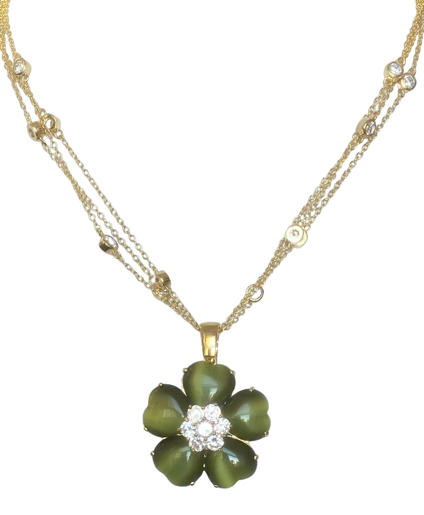 Zirconite Cubic Zirconia w/Cat's Eye Heart Flower Necklace. 626P20011
