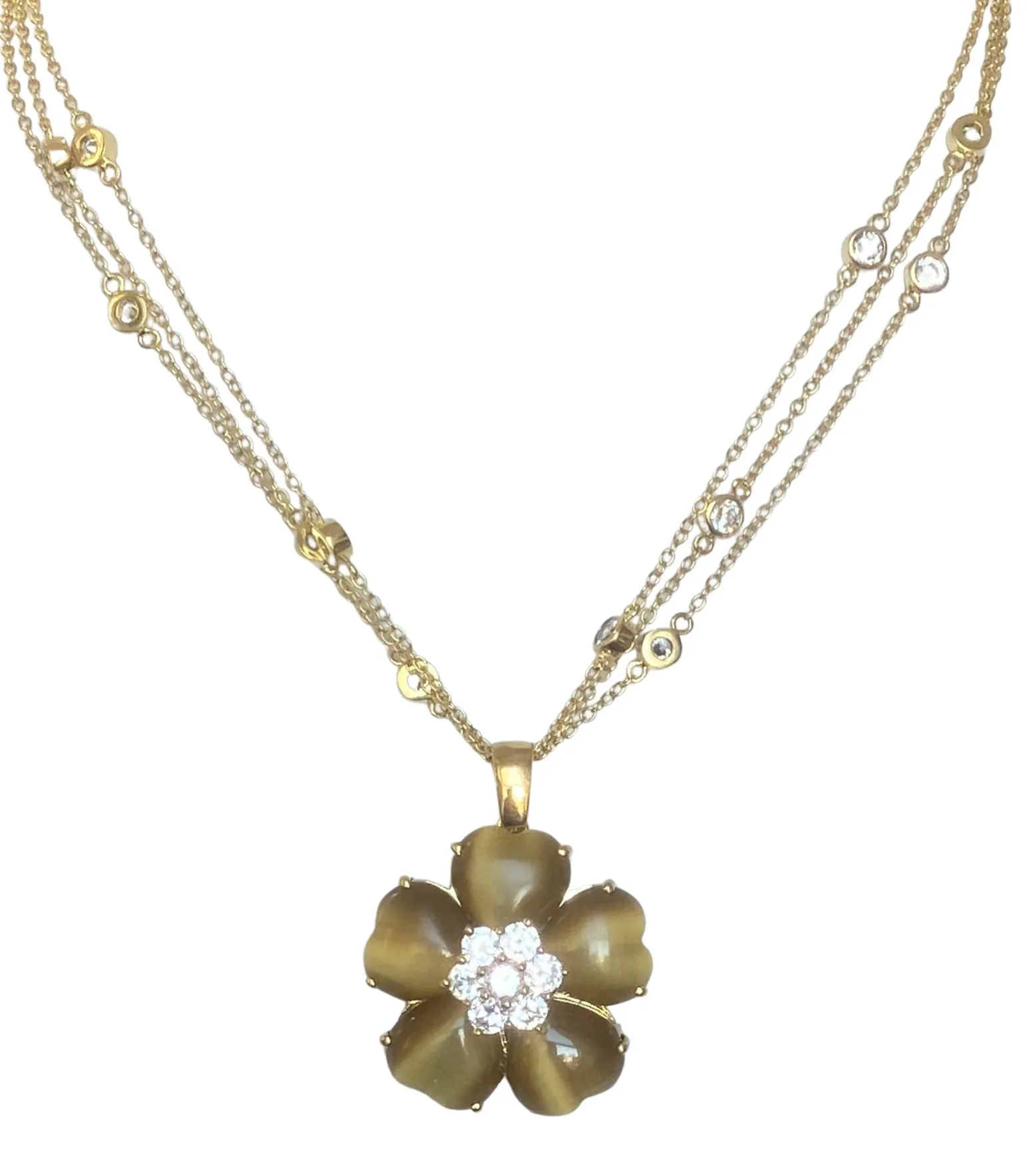 Zirconite Cubic Zirconia w/Cat's Eye Heart Flower Necklace. 626P20011