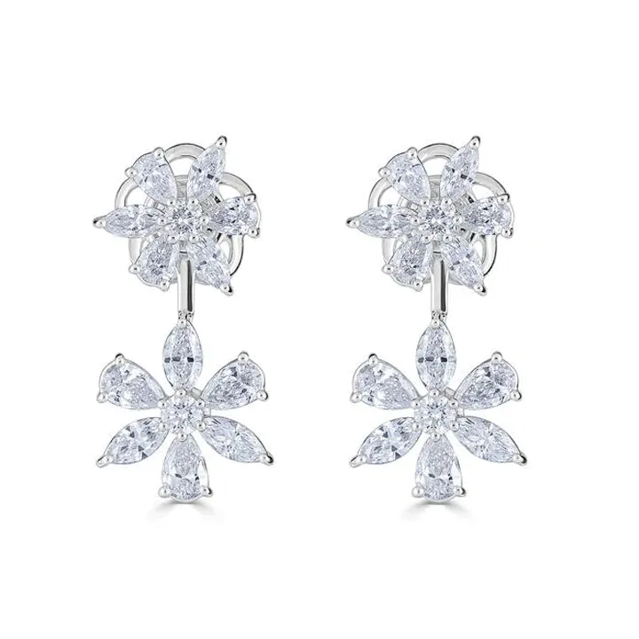 Zydo 18K White Gold Up & Down Double Flower Diamond Earrings - 57767
